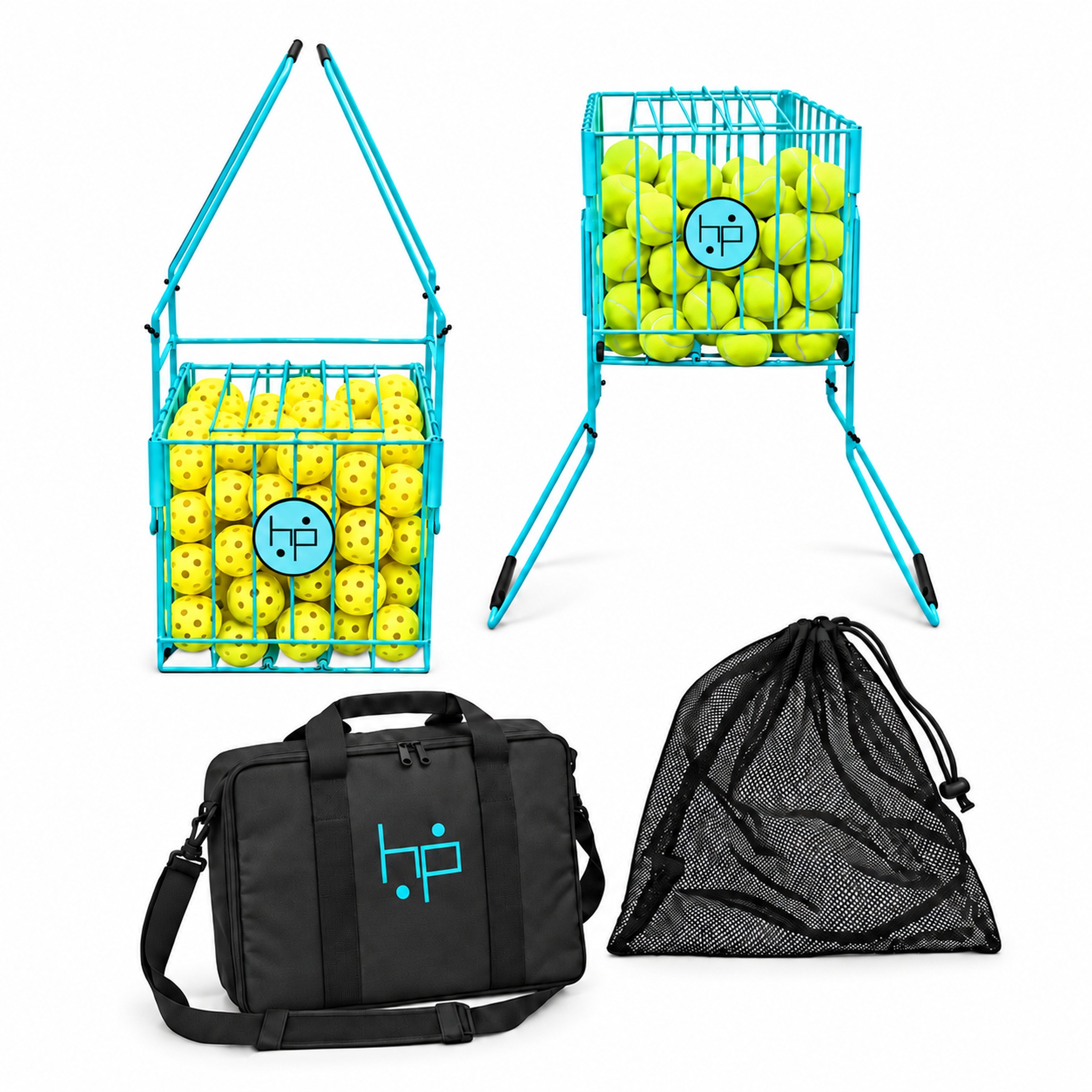 BallHP kit: foldable pickleball basket, tennis ball hopper, padded carry bag, and mesh ball storage sack